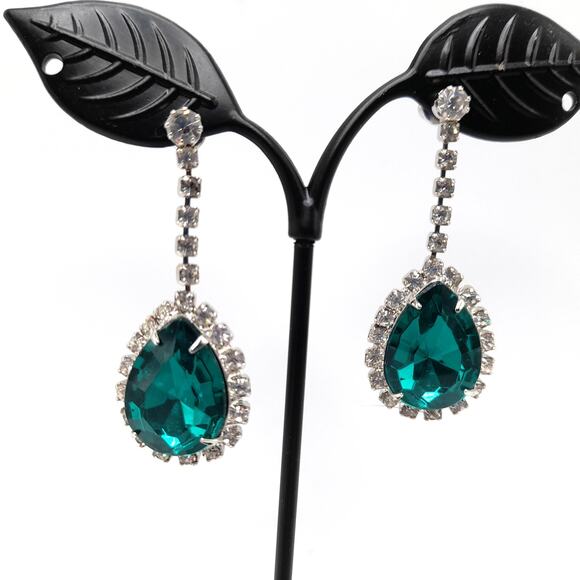 Vintage Green Rhinestone Drop Earrings, Clear Crystal, 1990s Statement Jewelry - Picture 1 of 10